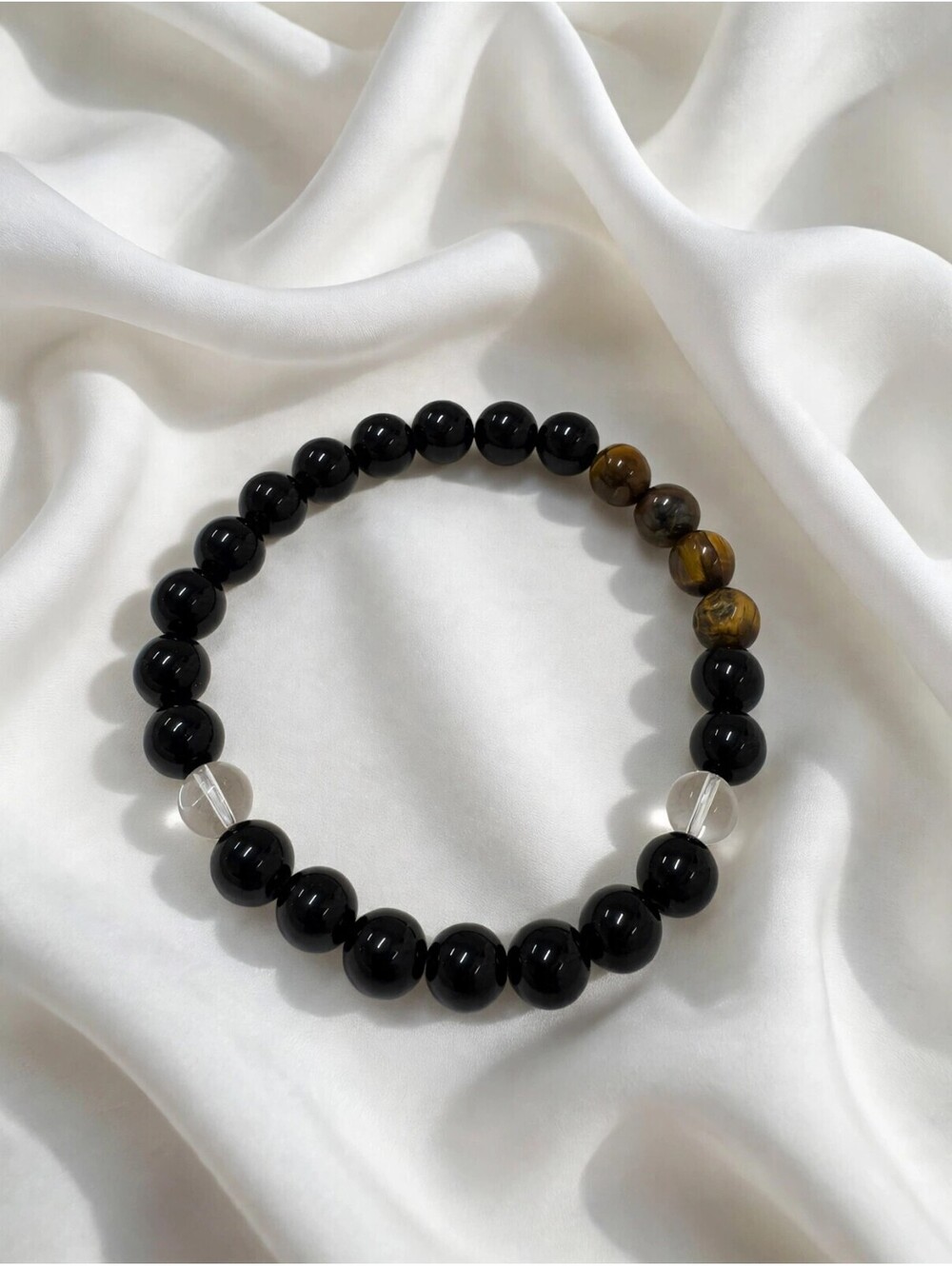 Black Tiger Eye Stretch Bracelet Clear Accents 8mm Protection